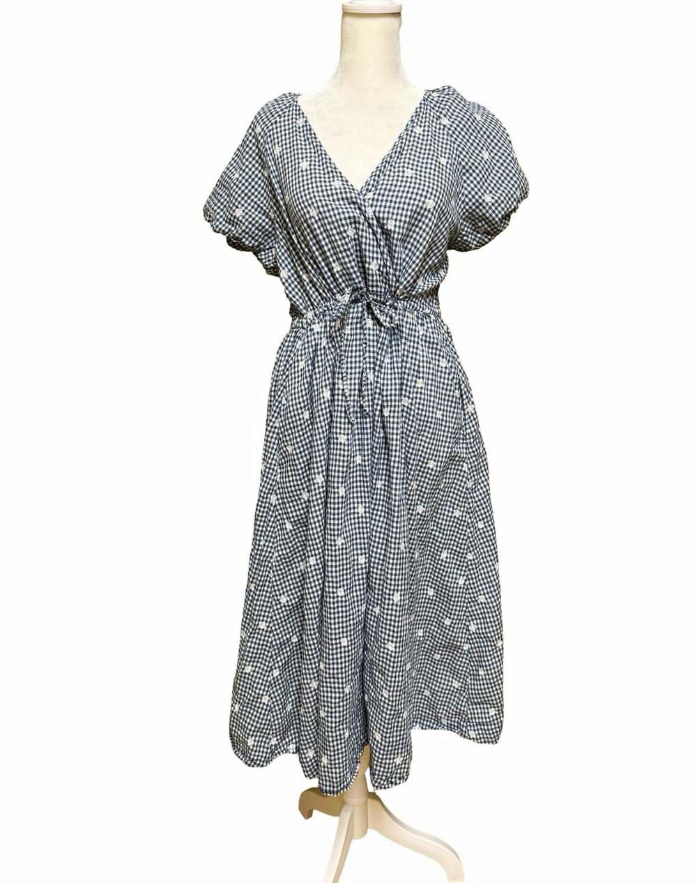 Madewell Blue White Gingham Embroidered Tie Waist V-Neck Midi Dress Size M